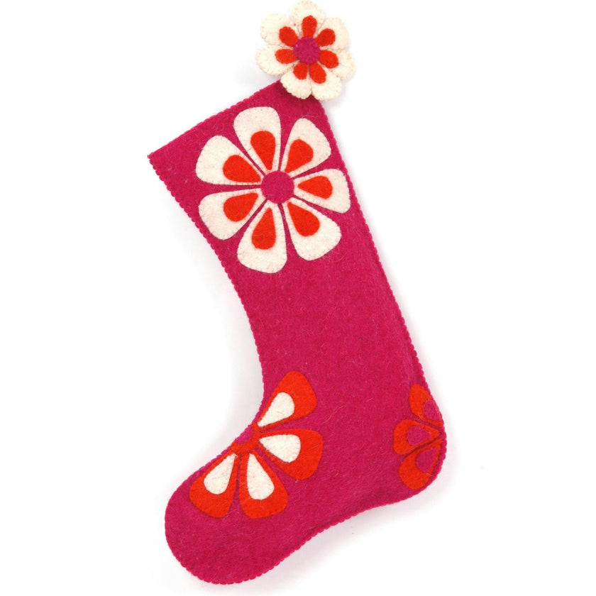 Hand Felted Wool Christmas Stocking - Flower Power Pink and Orange
