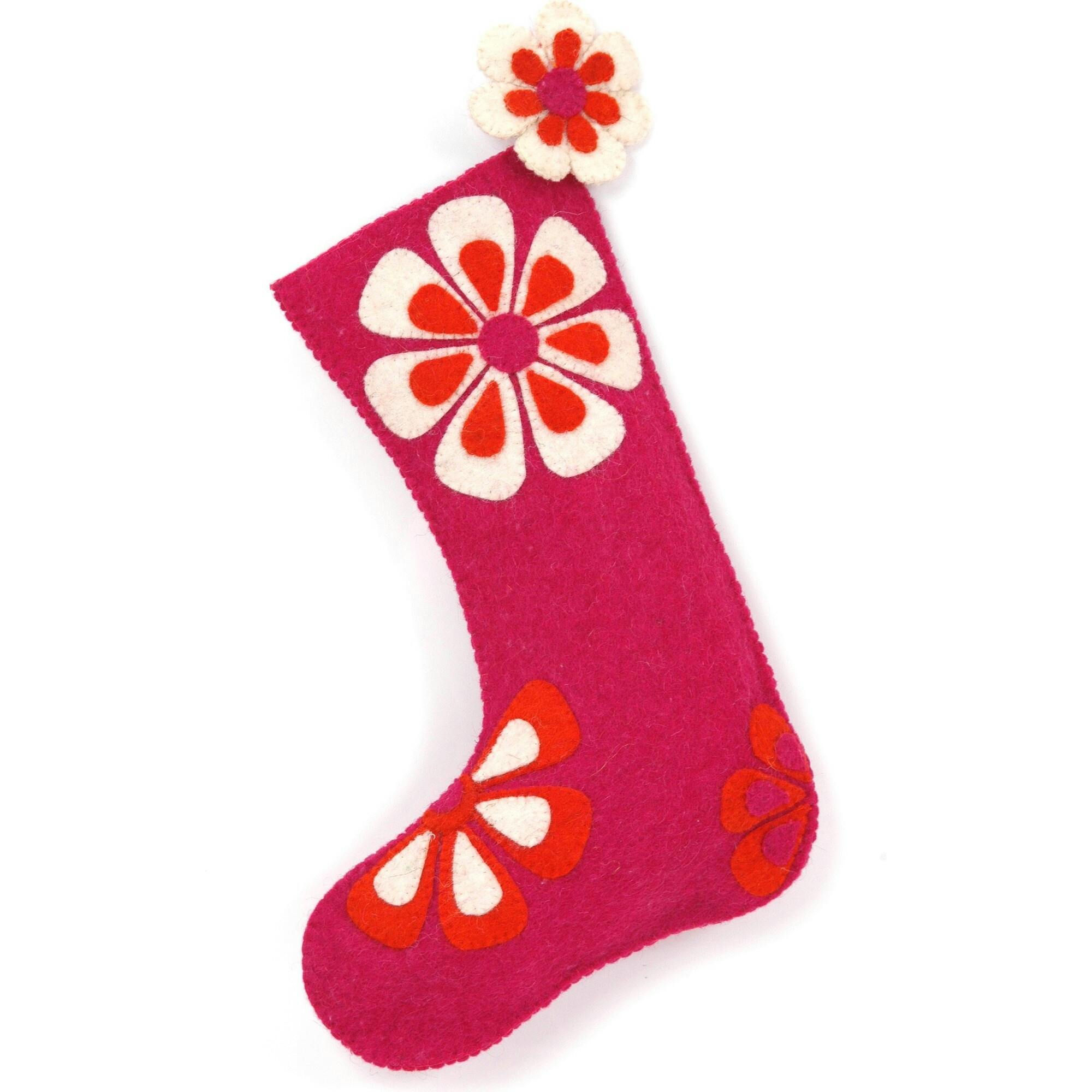 Hand Felted Wool Christmas Stocking - Flower Power Pink and Orange Arcadia Home