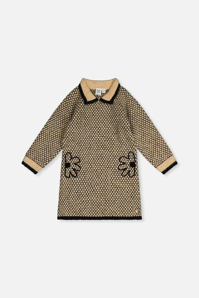 Knit Dress With Collar Beige And Black