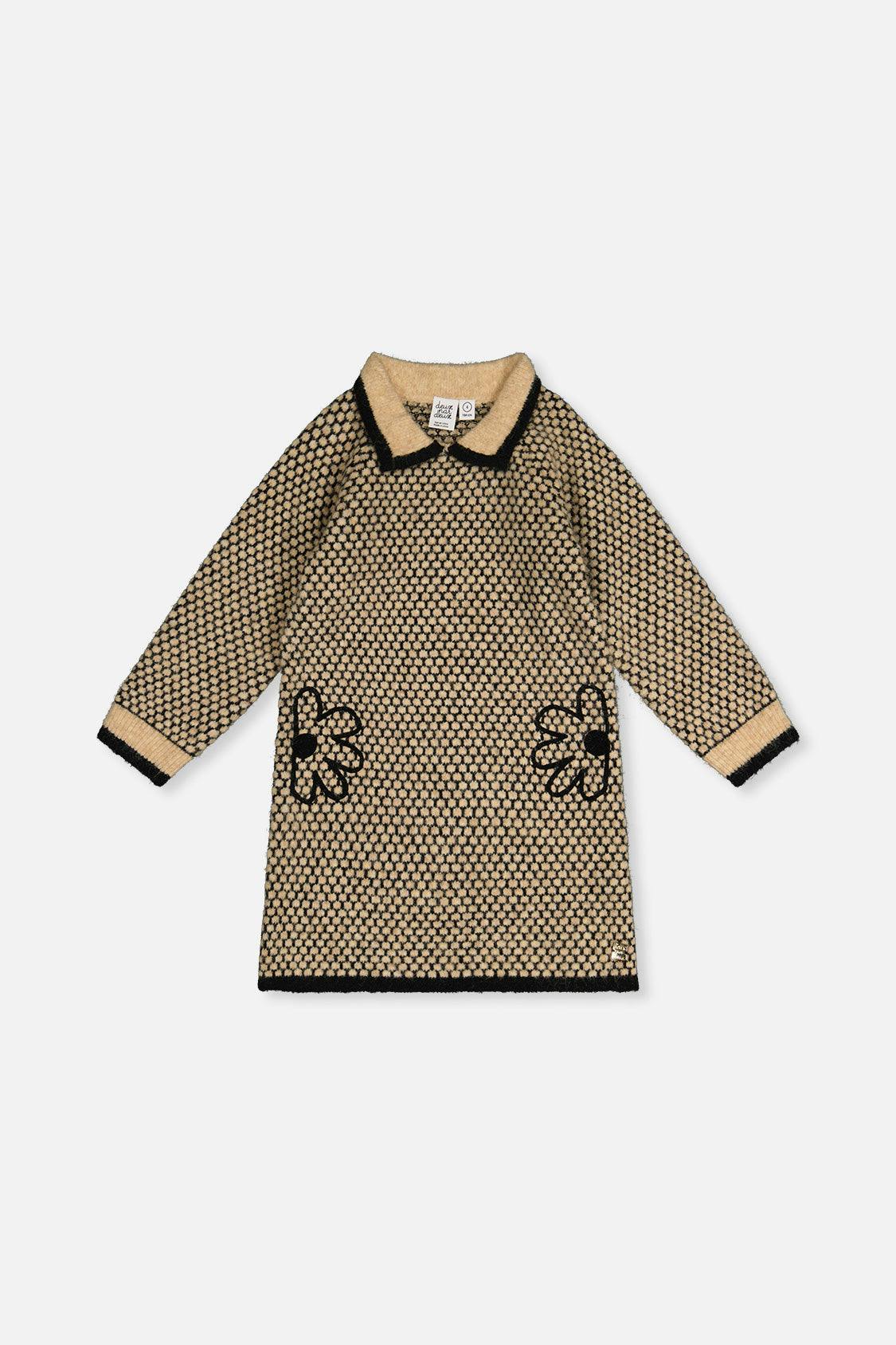 Knit Dress With Collar Beige And Black