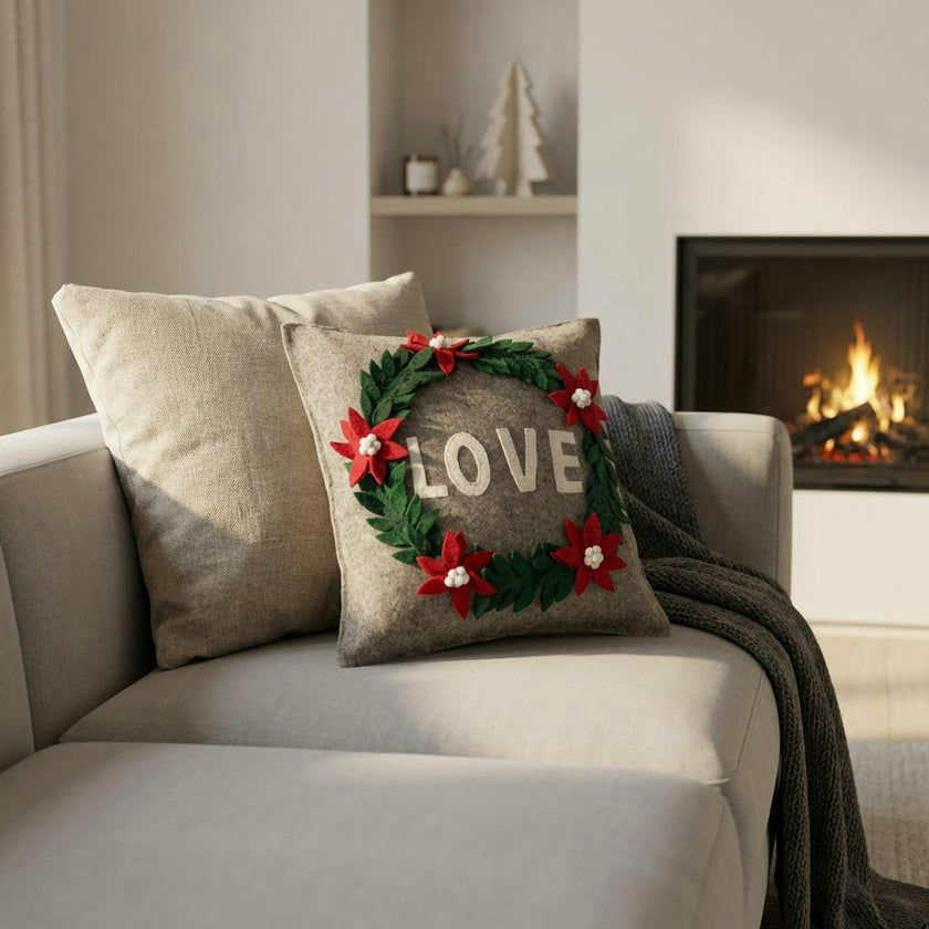 Handmade Pillow Hand Felted Wool - LOVE Wreath Gray - 20"
