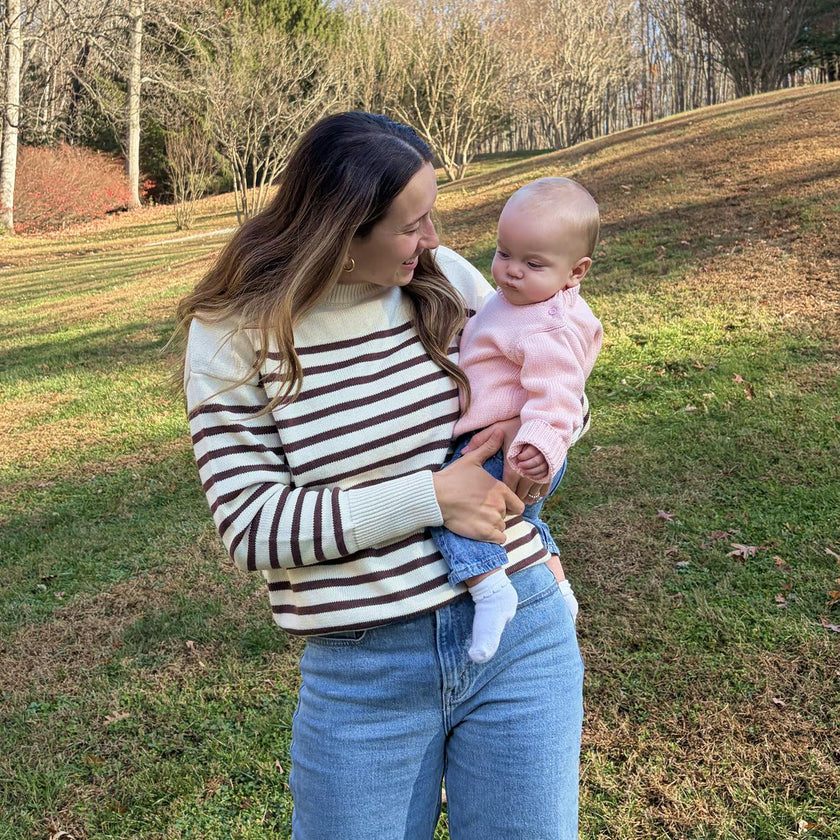 women's cream and brown stripe knit sweater