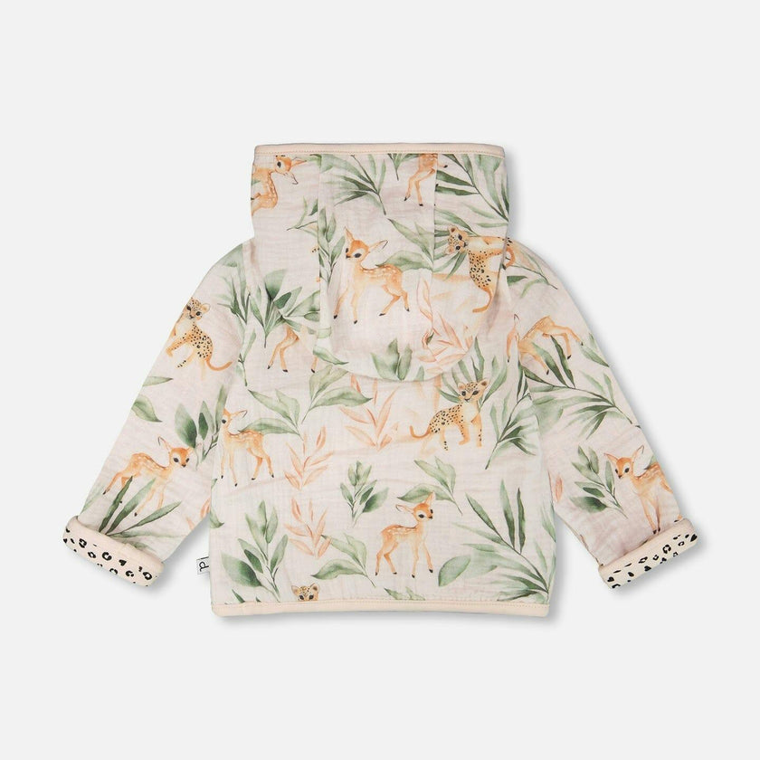 Muslin And Organic Cotton Jersey Reversible Hooded Jacket Peach Deer/Leopard Print