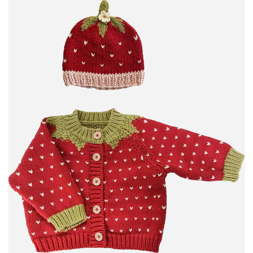 Cotton Strawberry Cardigan and Hat Set - Red
