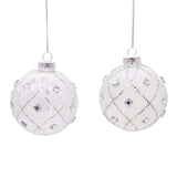 Kurt Adler 80MM Jeweled Clear Feather White Ball Ornaments, 6 Piece Set