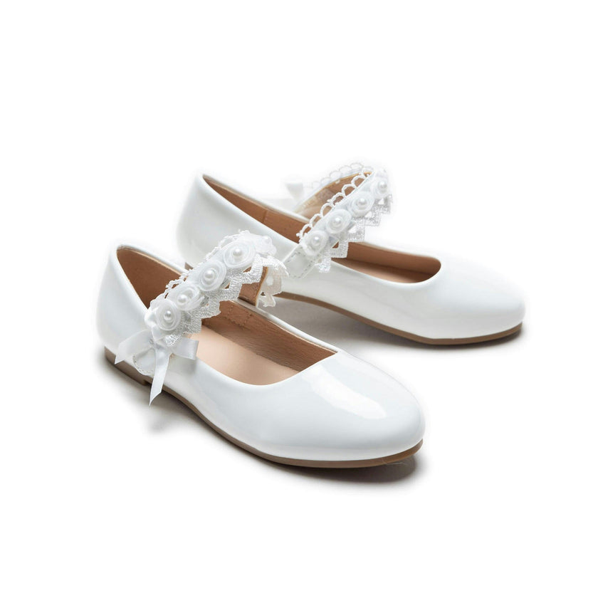 White Patent Rose Pearl Doily Flats