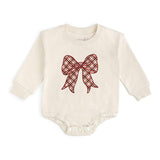 Christmas Plaid Bow Patch Long Sleeve Romper