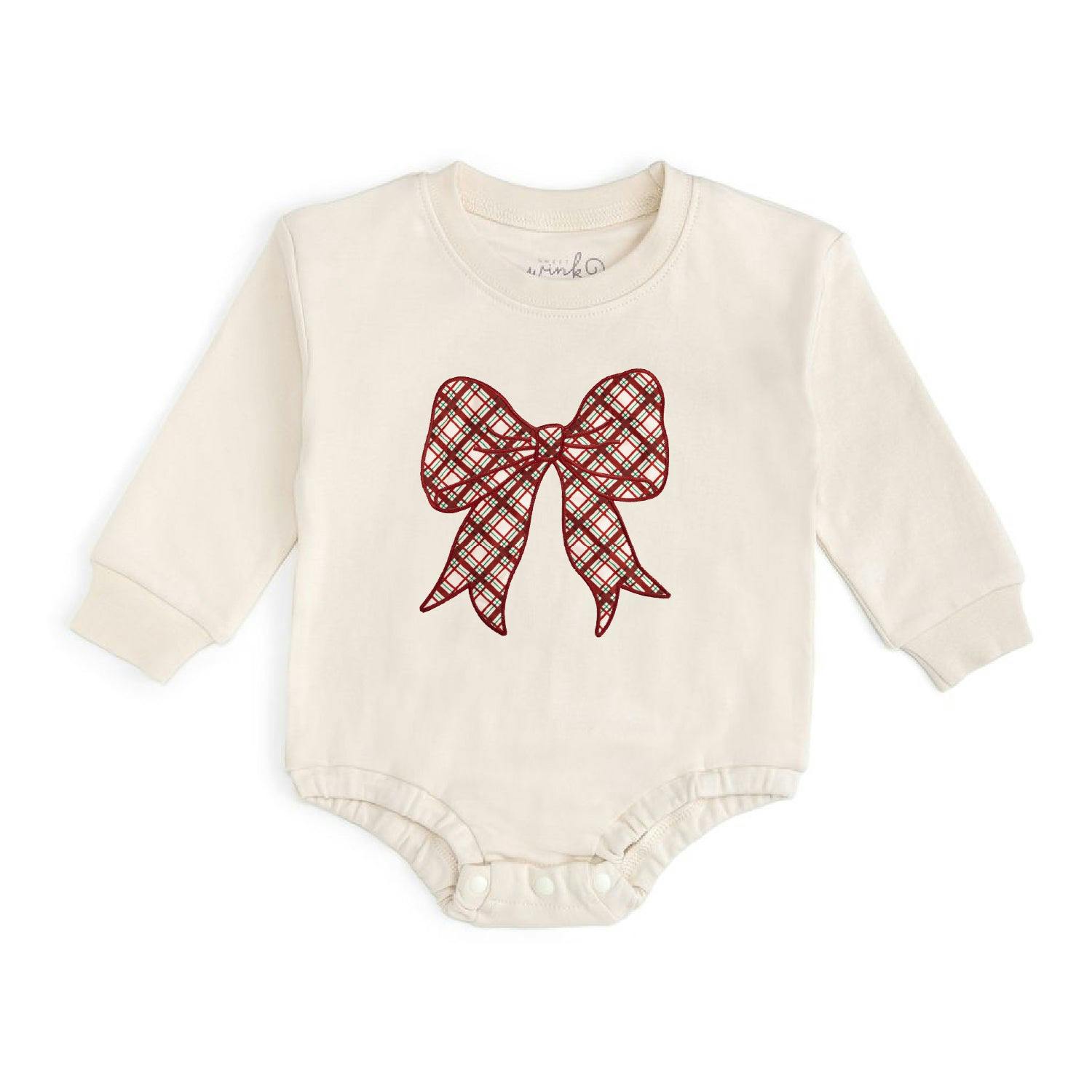 Christmas Plaid Bow Patch Long Sleeve Romper