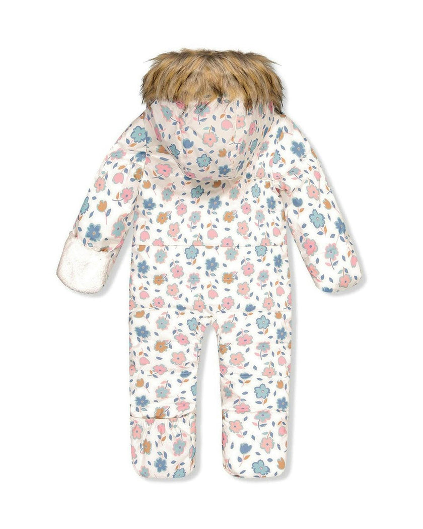 Baby Snug One Piece Snowsuit Adapted For Car Seats White With Floral Print