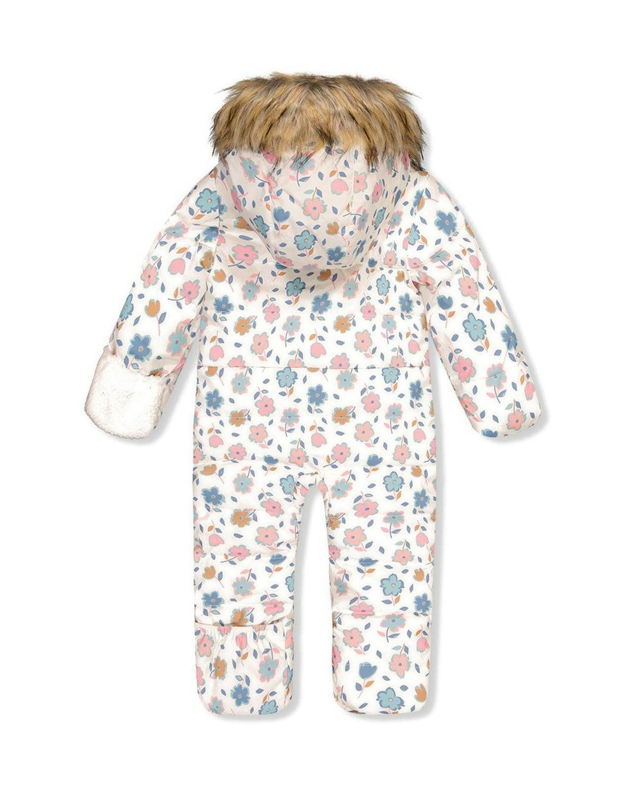 Baby Snug One Piece Snowsuit Adapted For Car Seats White With Floral Print