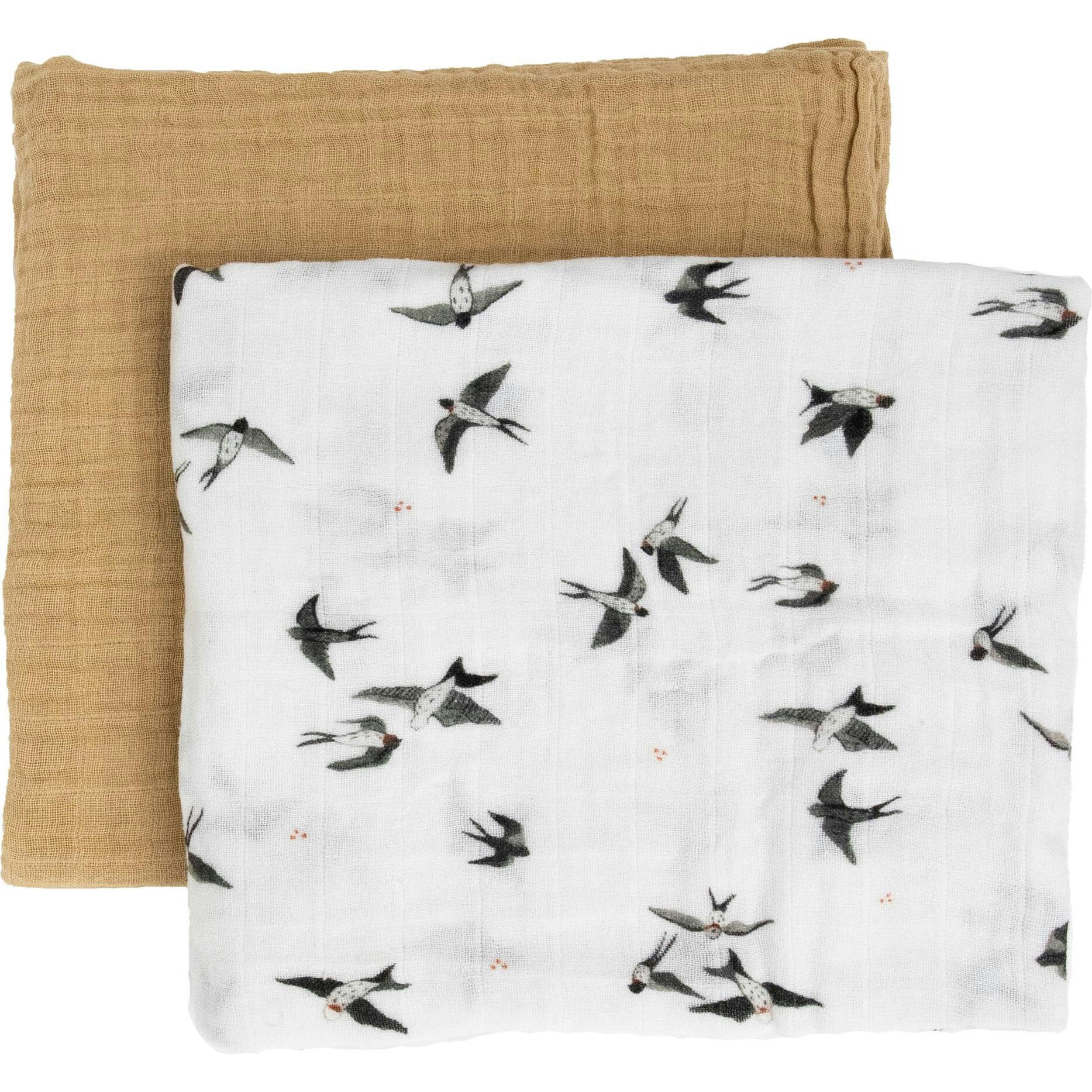 Organic Cotton Muslin Swaddle Blanket 2 Pack - Swallows