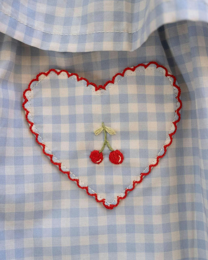 Smock Flutter Dress in Blue Gingham/Cherry