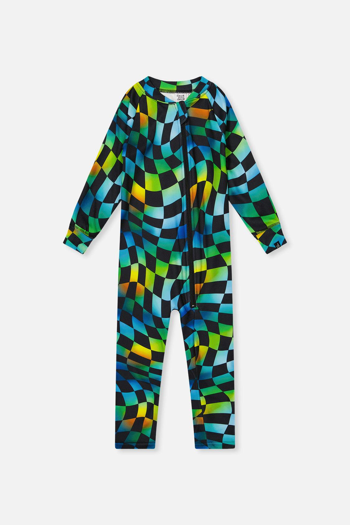 Baby One Piece Thermal Underwear Blue Checkered Print