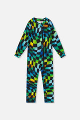 One Piece Thermal Underwear Blue Checkered Print