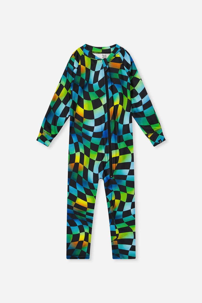 One Piece Thermal Underwear Blue Checkered Print