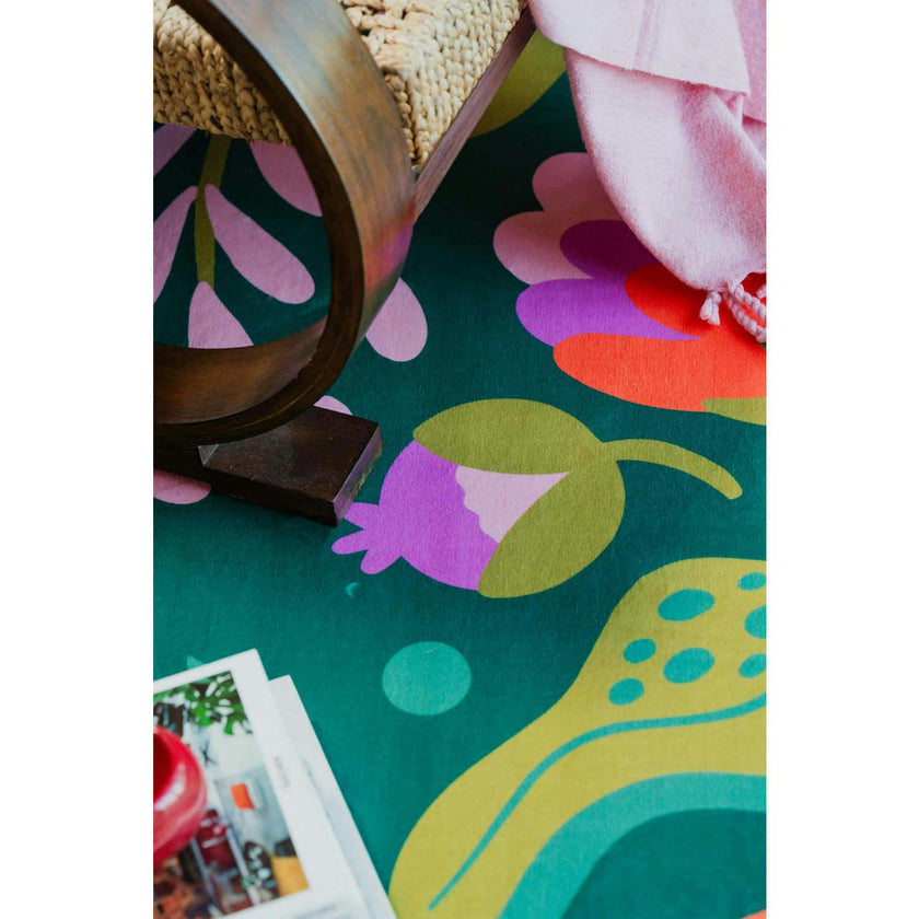 Green Base Pink Floral Wavy Rug by Jessica Miller