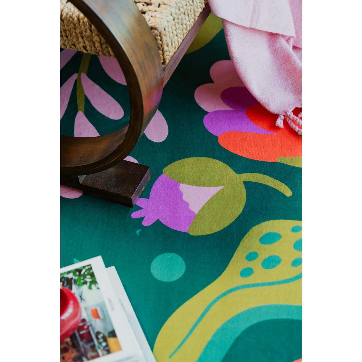 Green Base Pink Floral Wavy Rug by Jessica Miller