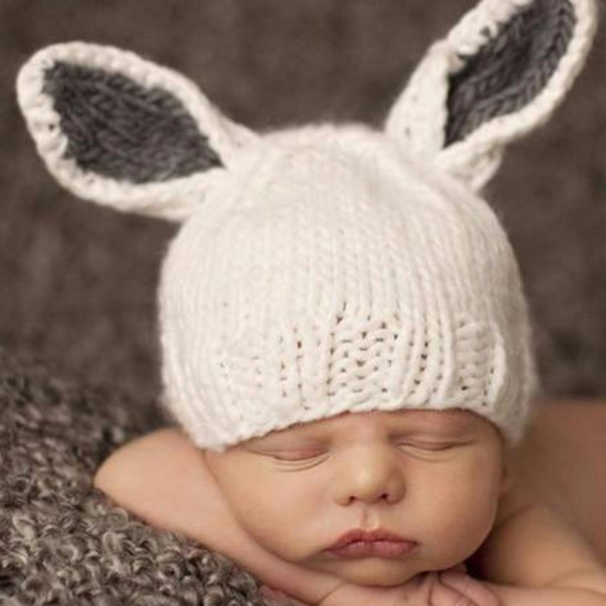Bailey Bunny Hand-Knit Hat - White with Gray Ears