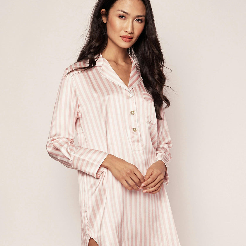 Women's Silk Nightshirt in Pink Stripe