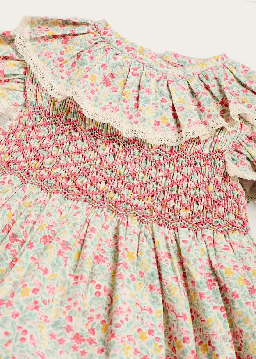 Adelaide Floral Hand Smocked Ruffle Collar Cap Sleeve Dress in Pink (12mths-6yrs)