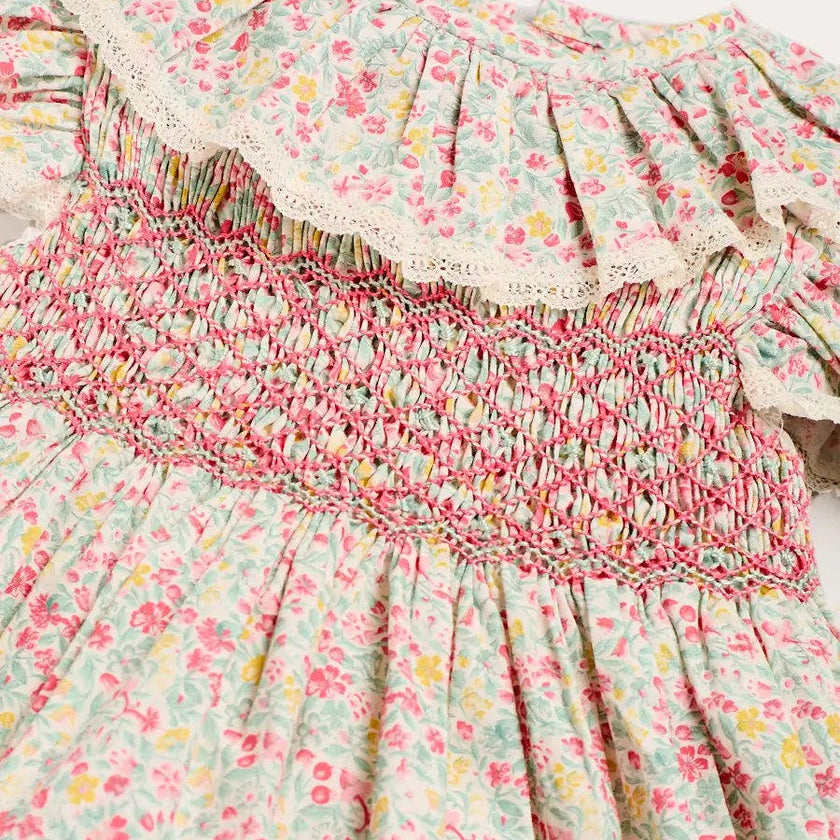 Adelaide Floral Hand Smocked Ruffle Collar Cap Sleeve Dress in Pink (12mths-6yrs)