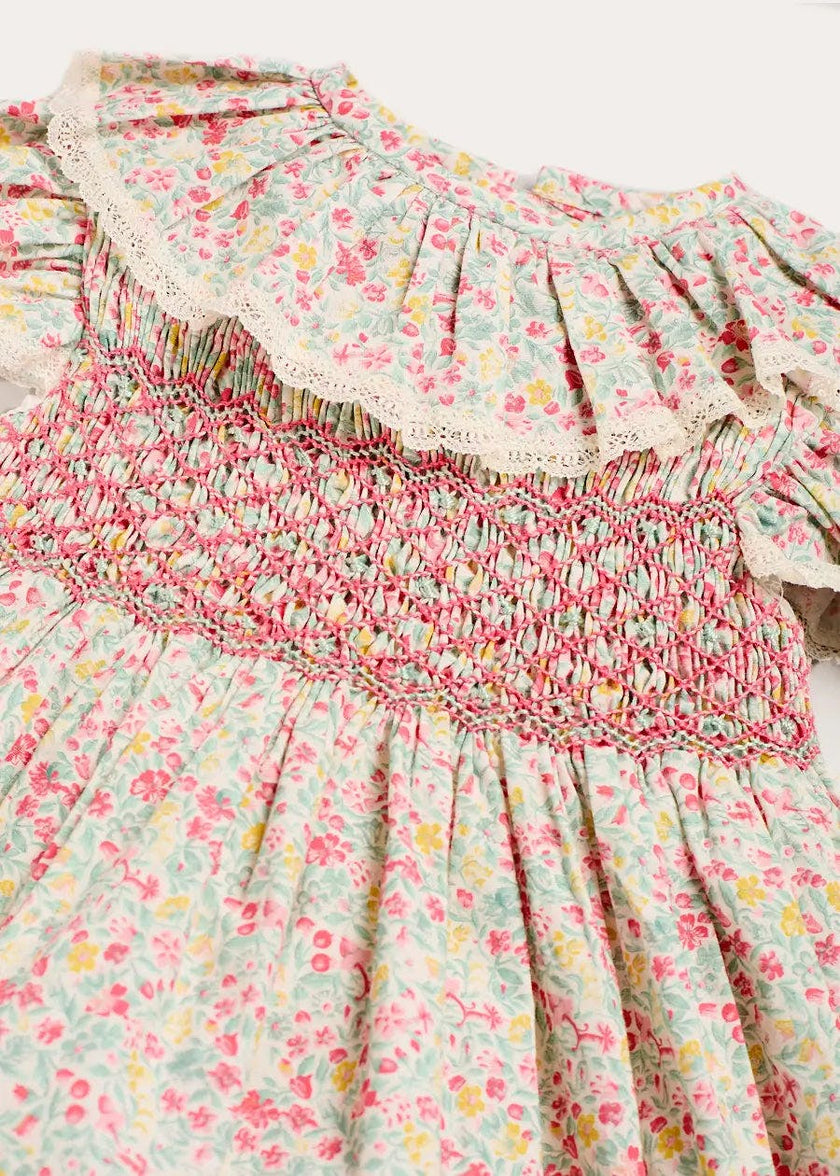 Adelaide Floral Hand Smocked Ruffle Collar Cap Sleeve Dress in Pink (12mths-6yrs)