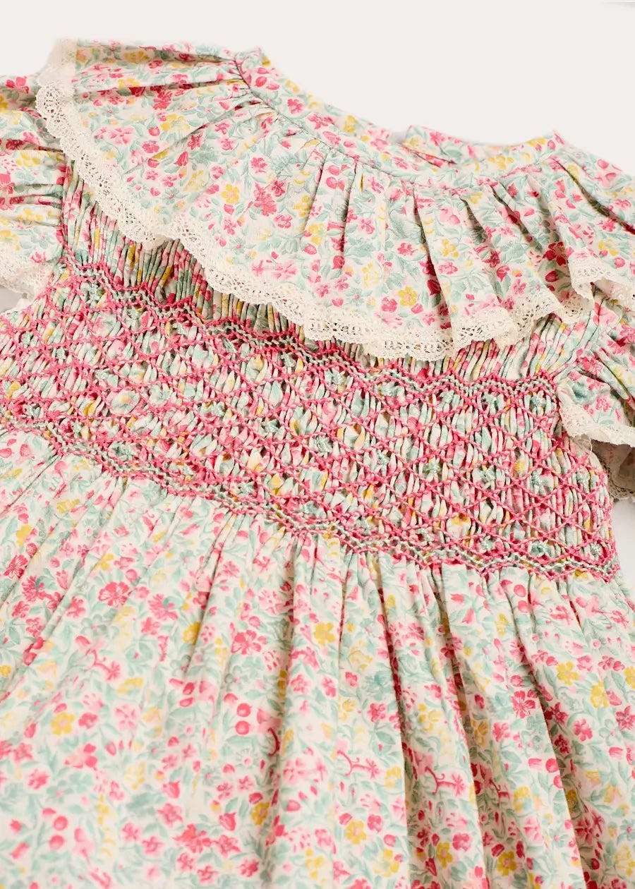 Adelaide Floral Hand Smocked Ruffle Collar Cap Sleeve Dress in Pink (12mths-6yrs)