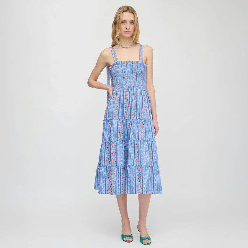 The Ribbon Ellie Nap Dress - Blue Floral Batik Stripe