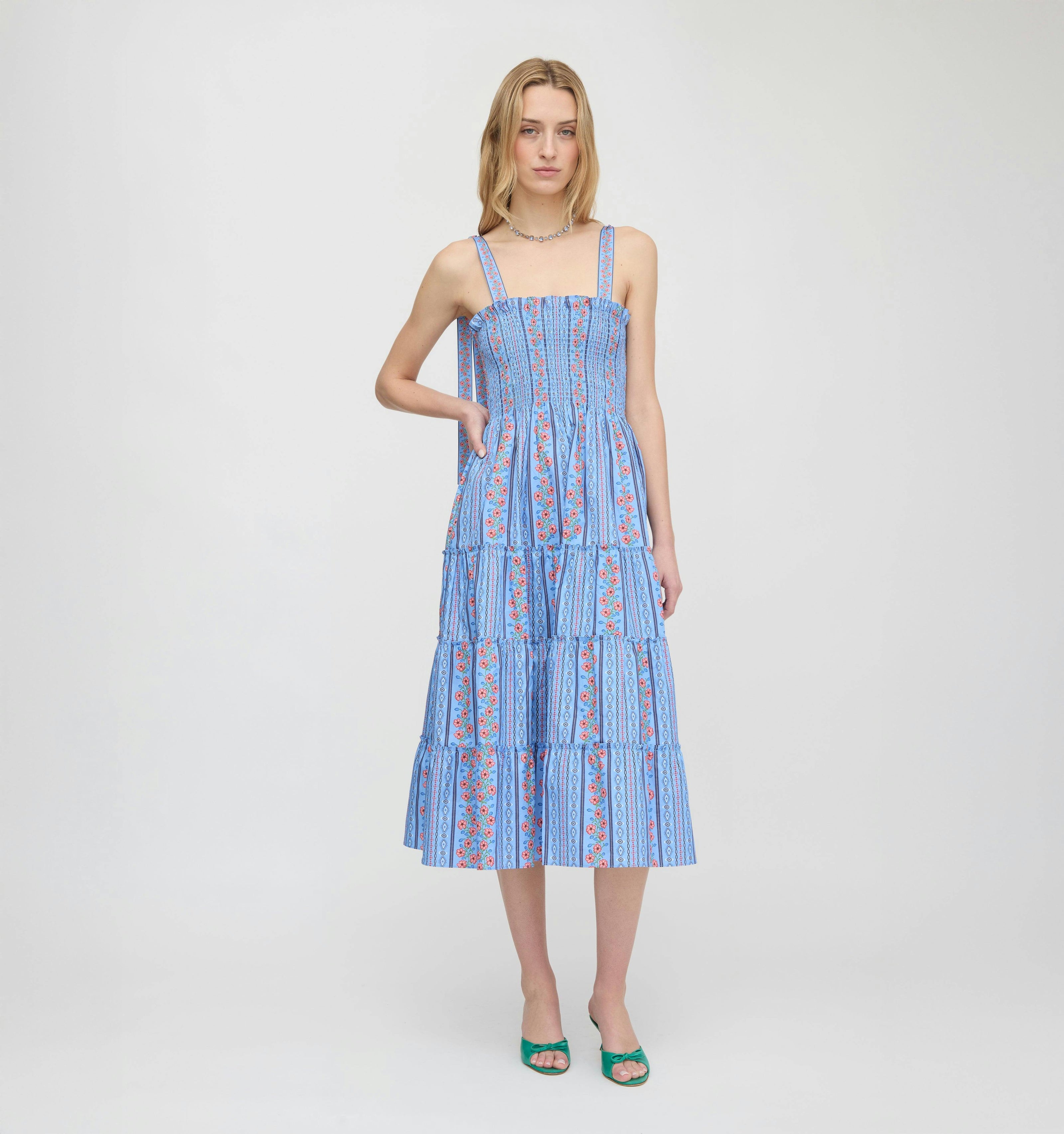 The Ribbon Ellie Nap Dress - Blue Floral Batik Stripe