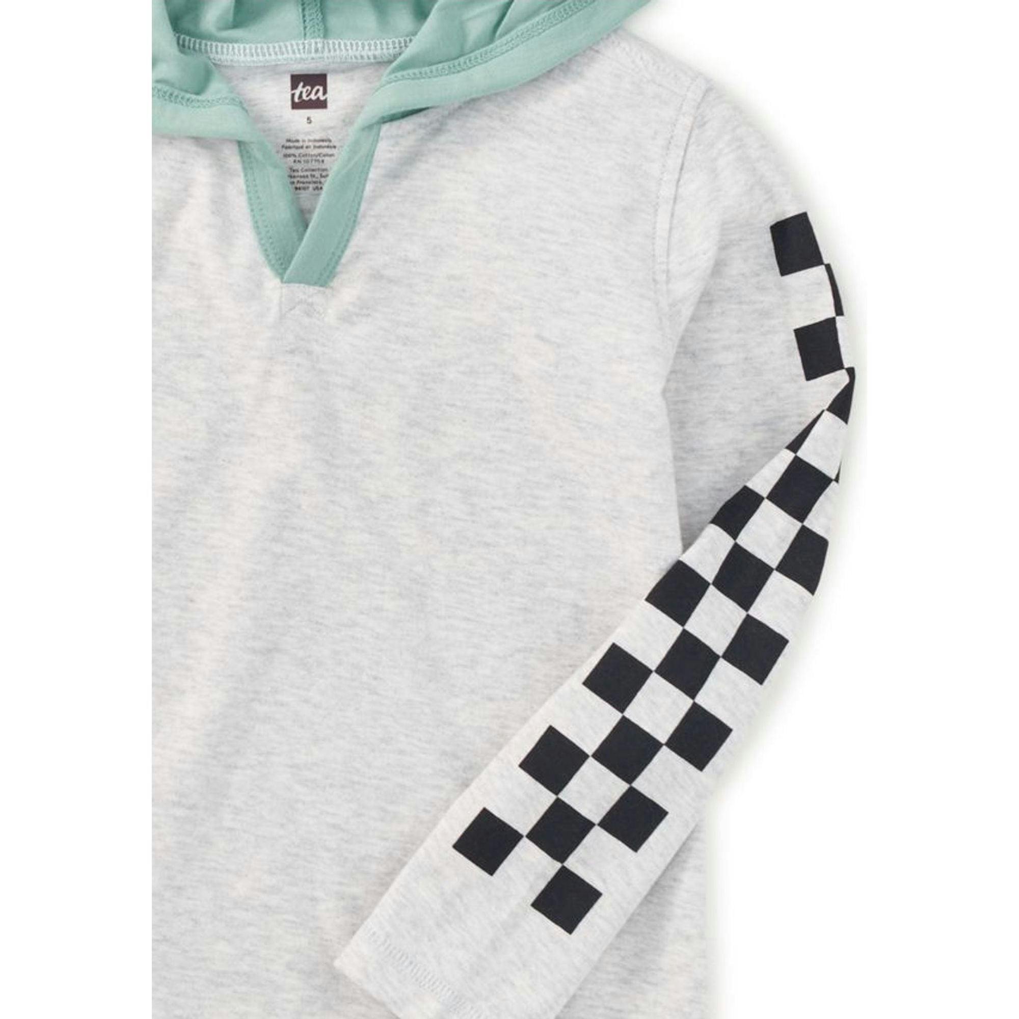 Checker Sleeves Happy Hoodie, Grey