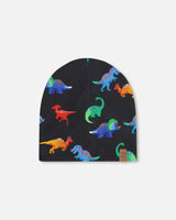 Stretch Jersey Beanie Black Dinosaur Print