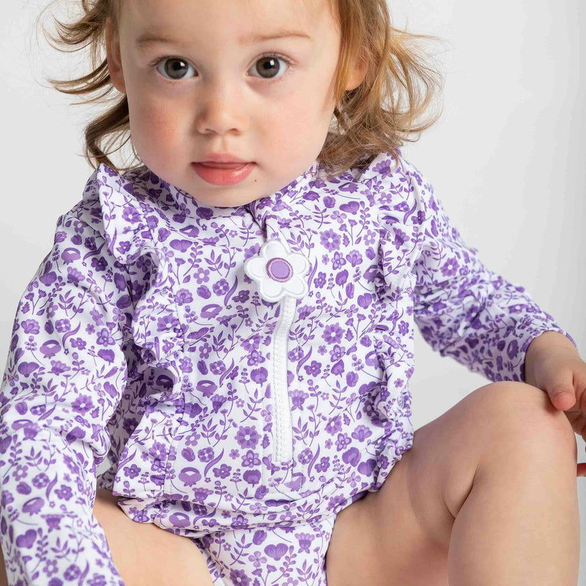 Floral Print One Piece Rashguard with Ruffles