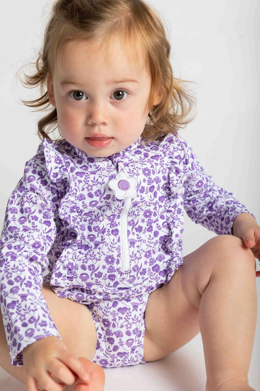 Floral Print One Piece Rashguard with Ruffles