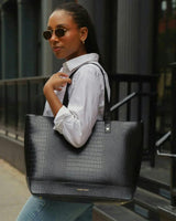 Vegan Leather Work Tote Bag with Removable Insulated Pouch, Black Croc