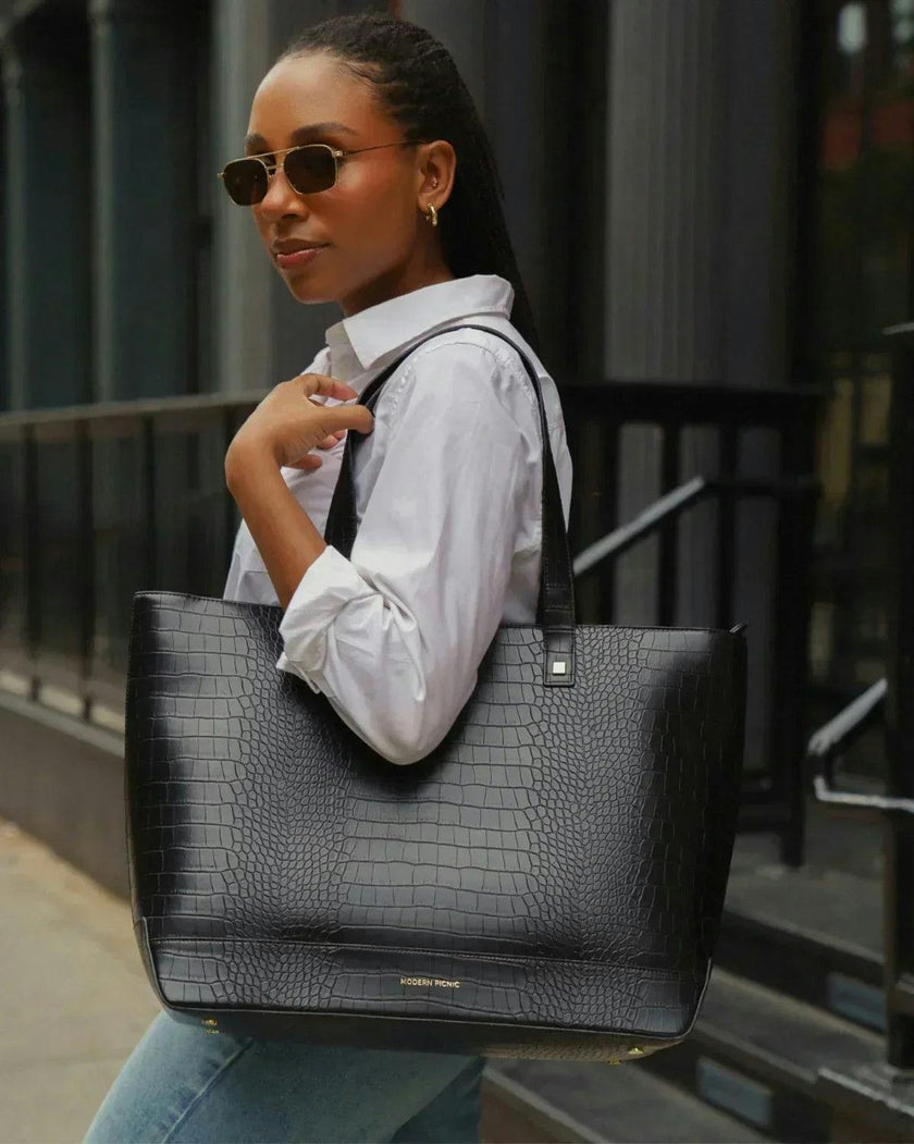 Vegan Leather Work Tote Bag with Removable Insulated Pouch, Black Croc