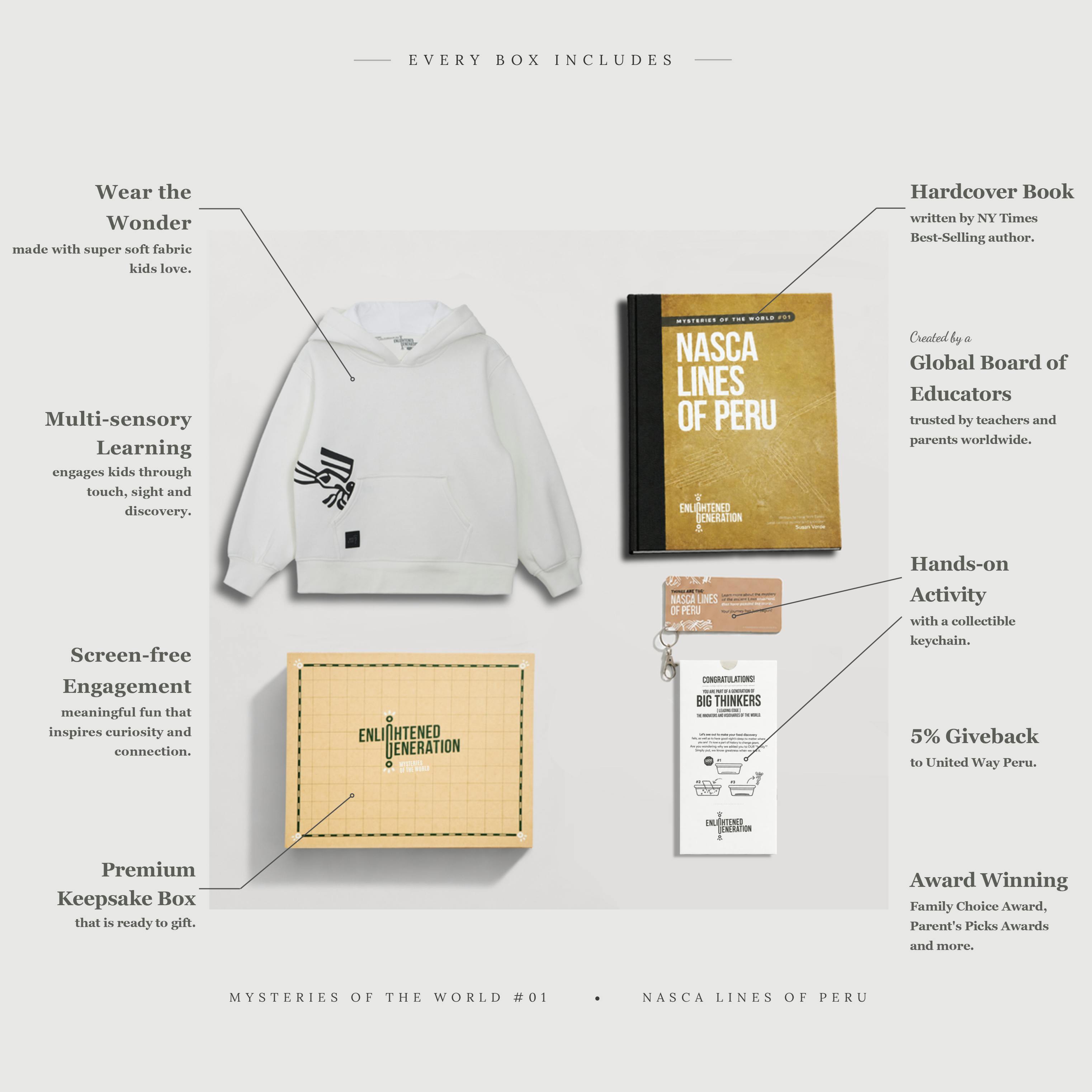 Nasca Gift Box with Peek-a-Pelican Pocket Kids Hoodie, Book, and Activities
