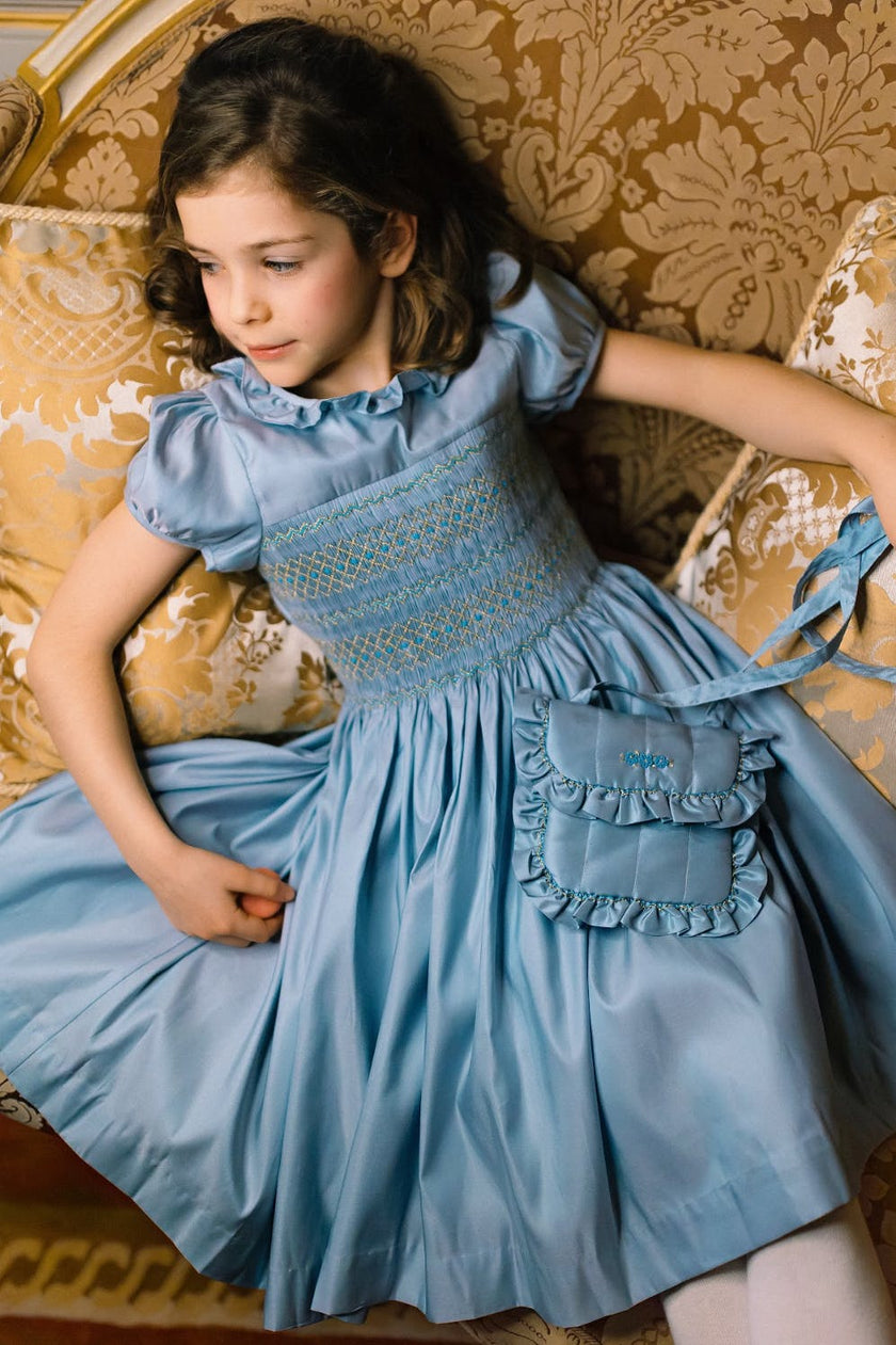 Astrid Blue Taffeta Smocked Girl Dress
