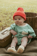 Cory Pocket Romper in Thin Mineral Green Stripe