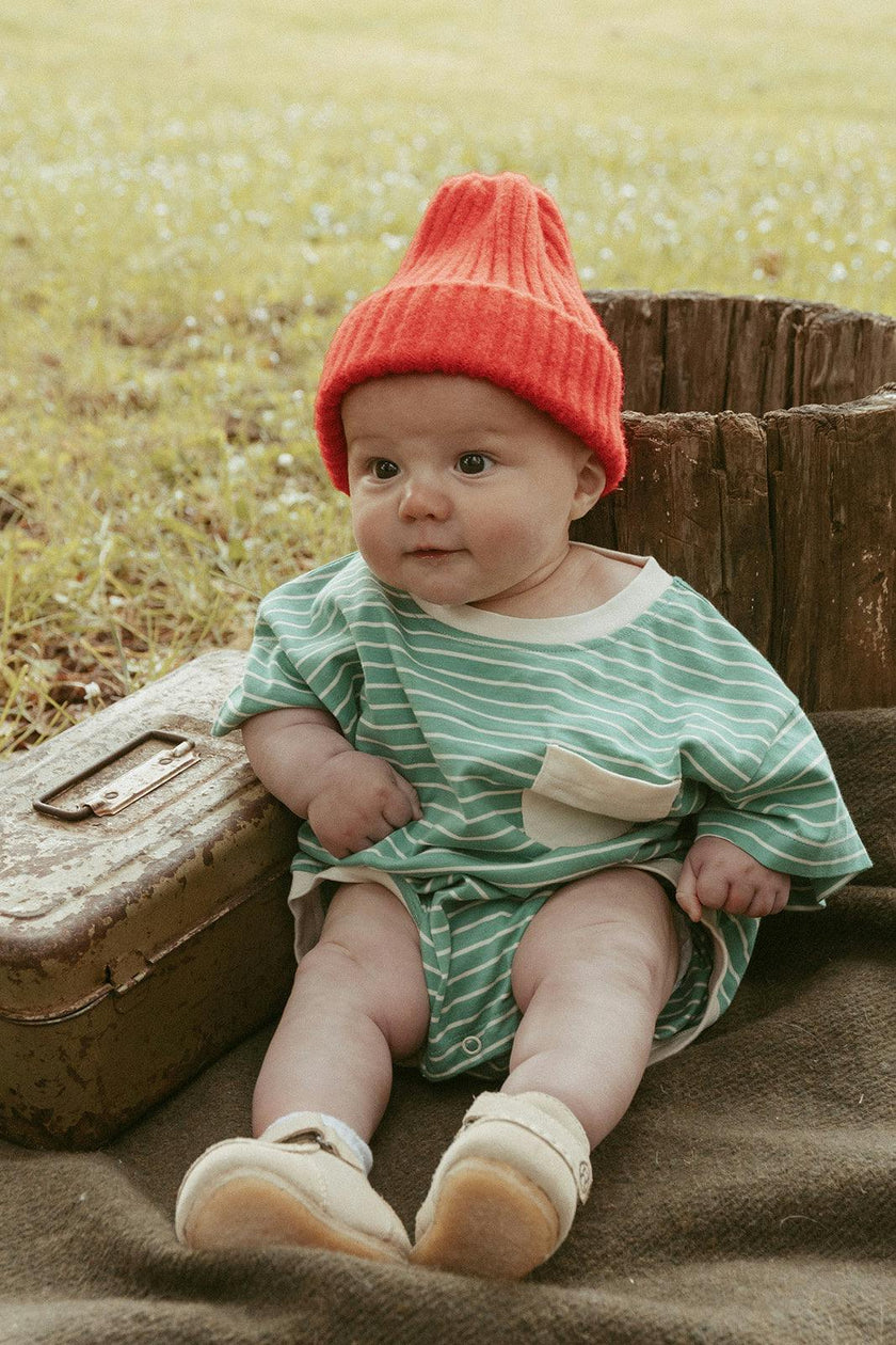 Cory Pocket Romper in Thin Mineral Green Stripe
