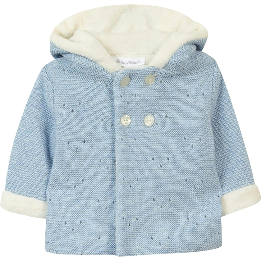 TARTINE ET CHOCOLAT Faux-Fur Lined Knit Jacket, Blue