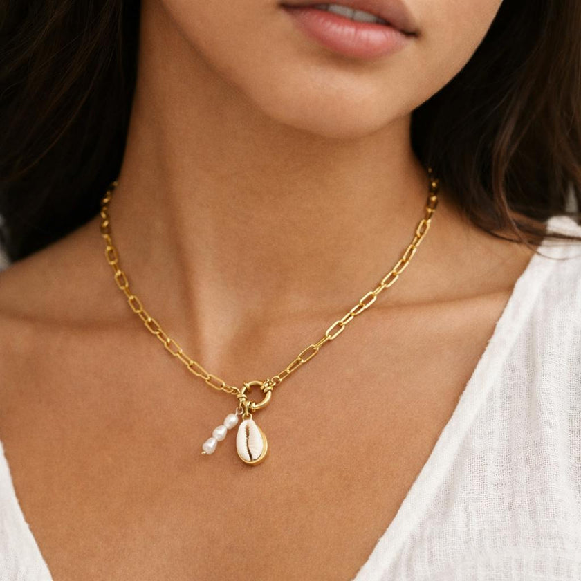 Cowrie & Pearl Paperclip Necklace
