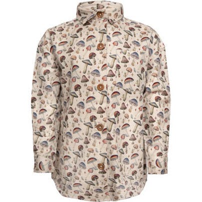 Mushroom Print Button-Down Shirt, Beige