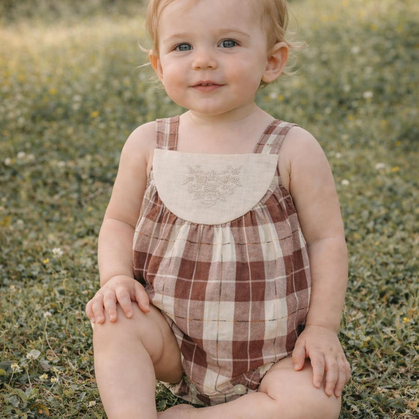 Embroidered Windowpane Romper