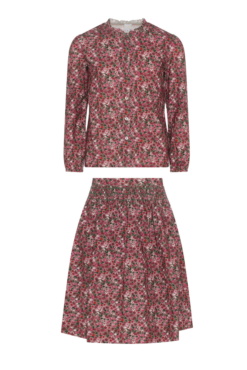 Flower Print Lace Button Front Floral Skirt and Top Two Piece Set