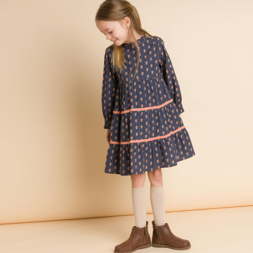 Long Sleeves Tiered Skirt Dress with Velvet Trim