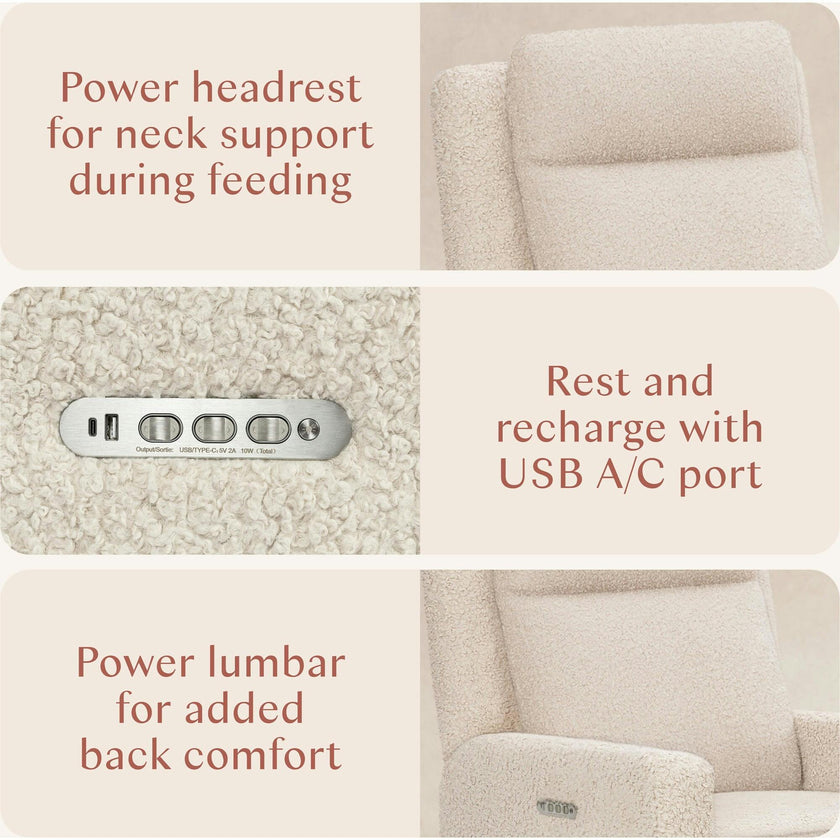 Sigi Pro Power Glider Recliner W/ Power Lumbar In Almond Teddy Loop W/Light Wood Base