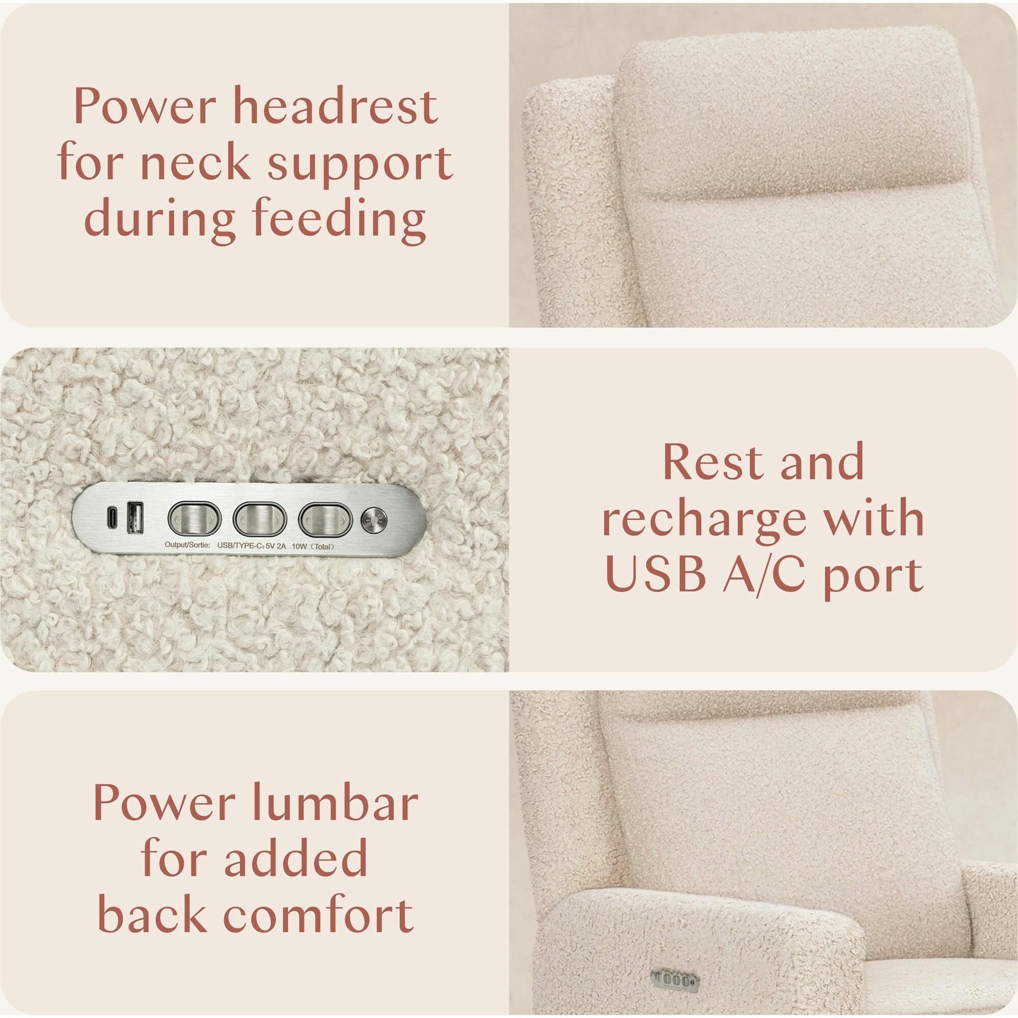 Sigi Pro Power Glider Recliner W/ Power Lumbar In Almond Teddy Loop W/Light Wood Base