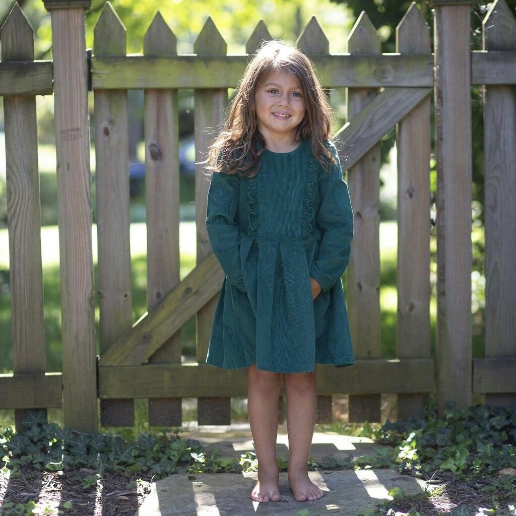 Long Sleeve Ruffle Dress in Green Corduroy