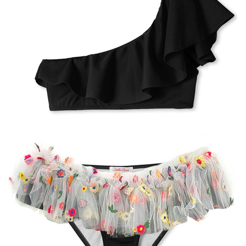 Floral Tulle One Shoulder Bikini