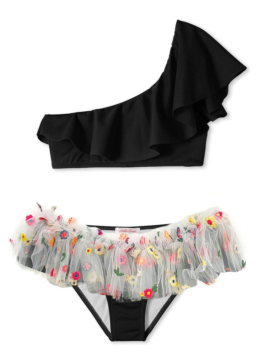 Floral Tulle One Shoulder Bikini